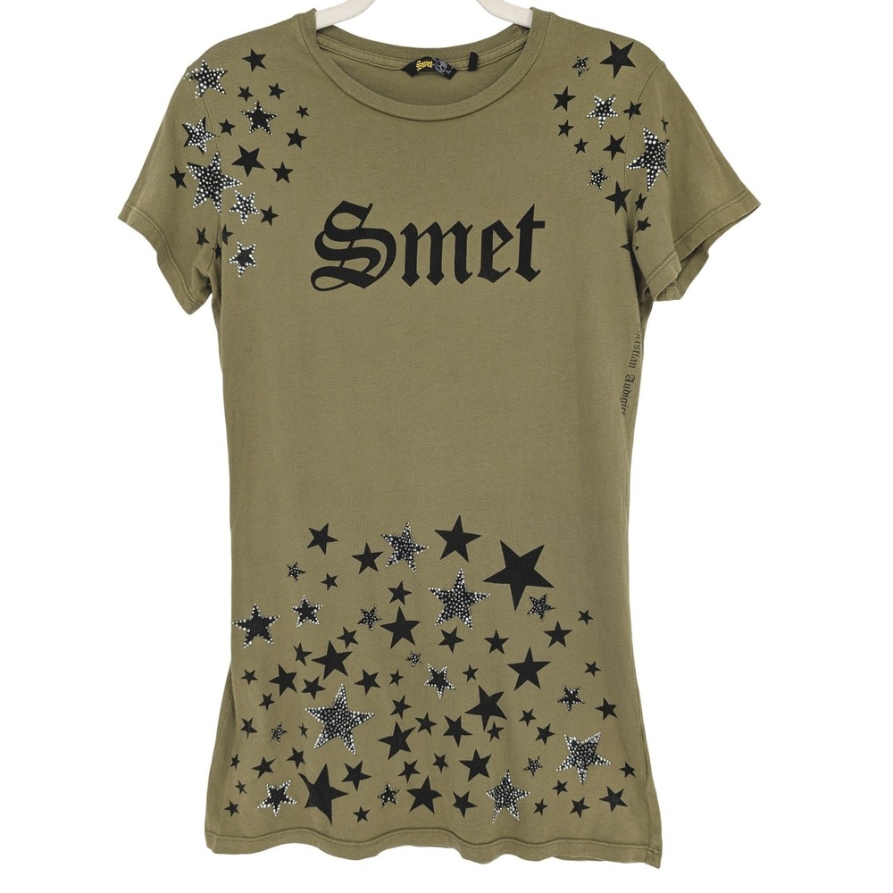 Y2K Smet Christian Audigier T-Shirt Womens L Olive Green Star Rhinestone 2000s